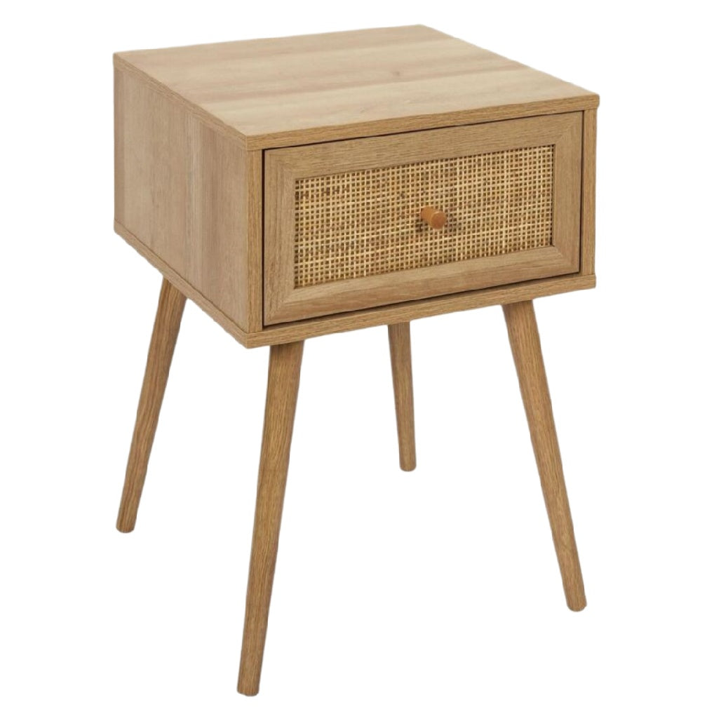 Modernes Nachttisch aus Holz mit Rattan-Detail und Schublade