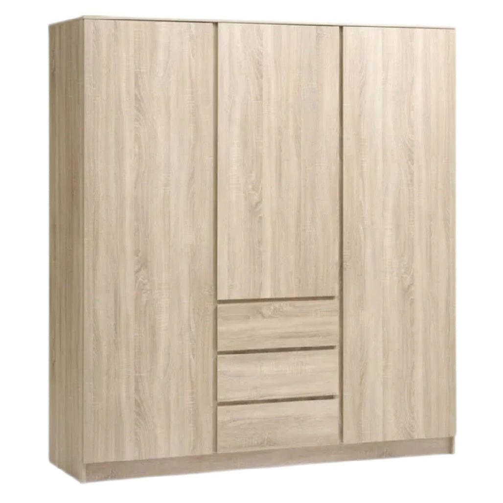 Kleiderschrank aus Holz mit drei Türen und Schubladen, modern und geräumig.